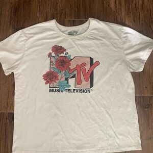 MTV White Tee with Red and Blue Floral Design